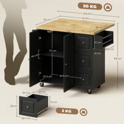 Black Kitchen Island On Wheels, Kitchen Storage Trolley With Drop Leaf - thumbnail 2