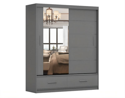 Arte Florence Matt Grey Mirrored Sliding Door Wardrobe W1500mm H2180mm D600mm - Chic Storage Solution With Two Drawers And Five Shelves - image 1