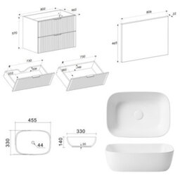 Impact Furniture Bathroom Furniture Set 800mm Vanity Unit With Basin Oak Effect Worktop Tallboy Wall Cabinet White Ribbed Fluted Adel - thumbnail 9