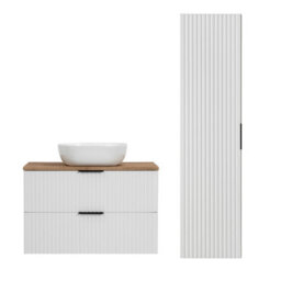 Impact Furniture Bathroom Furniture Set 800mm Vanity Unit With Basin Oak Effect Worktop Tallboy Wall Cabinet White Ribbed Fluted Adel - thumbnail 2
