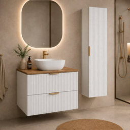 Impact Furniture Bathroom Furniture Set 800mm Vanity Unit With Basin Oak Effect Worktop Tallboy Wall Cabinet White Ribbed Fluted Adel - thumbnail 1