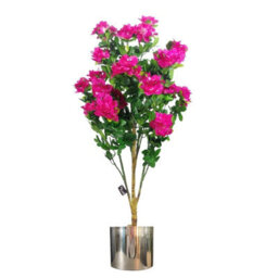 Leaf Artificial 100Cm Premium Azalea Pink Flowers Potted Plant With Silver Metal Planter