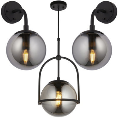 Loops Single Hanging Ceiling Pendat & 2X Matching Wall Lights - Matt Black Frame Grey Tinted Glass Shade Set - image 1