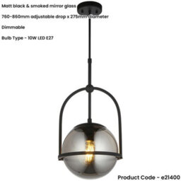 Loops Single Hanging Ceiling Pendat & 2X Matching Wall Lights - Matt Black Frame Grey Tinted Glass Shade Set - thumbnail 3