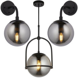Loops Single Hanging Ceiling Pendat & 2X Matching Wall Lights - Matt Black Frame Grey Tinted Glass Shade Set