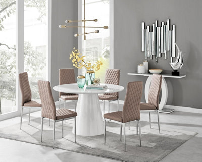 Furniturebox Uk Palma White High Gloss Round Dining Table & 6 Cappuccino Milan Chrome Leg Chairs - image 1