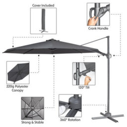 Loops Premium 3M Banana Parasol Grey & 92L Base Set Easy Tilt & Swivel Garden Umbrella - thumbnail 8