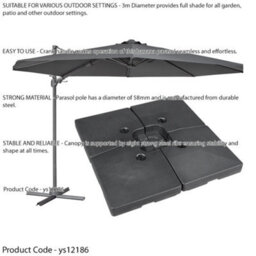 Loops Premium 3M Banana Parasol Grey & 92L Base Set Easy Tilt & Swivel Garden Umbrella - thumbnail 2