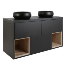 Homestylestore Black Grey 1200mm Wall Hung Bathroom Vanity Unit Round Graphite Countertop Basins Open Shelves - thumbnail 1