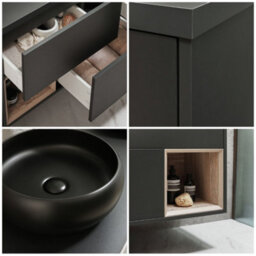Homestylestore Black Grey 1200mm Wall Hung Bathroom Vanity Unit Round Graphite Countertop Basins Open Shelves - thumbnail 2