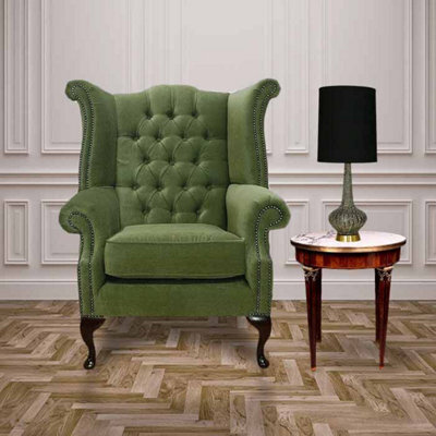 Chesterfield High Back Wing Chair Pimlico Sage Green Fabric In Queen Anne Style - image 1