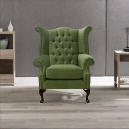 Chesterfield High Back Wing Chair Pimlico Sage Green Fabric In Queen Anne Style - thumbnail 3