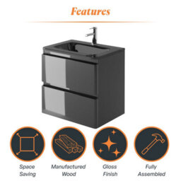 Plum&clay Marvel Gloss Dark Grey Wall Hung Bathroom Vanity Unit With Grey Glass Basin (W)600mm - thumbnail 7