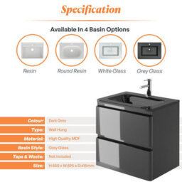 Plum&clay Marvel Gloss Dark Grey Wall Hung Bathroom Vanity Unit With Grey Glass Basin (W)600mm - thumbnail 6