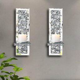 Biznest Set Of 2 Silver Crystal Wall Sconce Candle Holders Mirrored With Crushed Diamond Design 38X11X10 Cm (Rectangle) - thumbnail 1