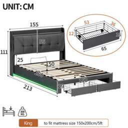 Abrihome 5Ft King Velvet Bed Frame With Hydraulic Storage & Led Headboard - Ottoman Bed With Drawers, Charging Station, Rgb Lighting, Grey - thumbnail 8