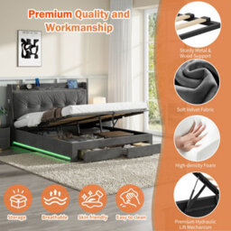 Abrihome 5Ft King Velvet Bed Frame With Hydraulic Storage & Led Headboard - Ottoman Bed With Drawers, Charging Station, Rgb Lighting, Grey - thumbnail 7