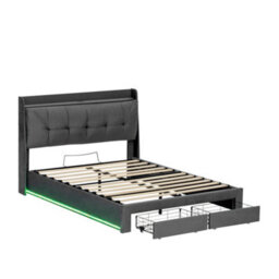 Abrihome 5Ft King Velvet Bed Frame With Hydraulic Storage & Led Headboard - Ottoman Bed With Drawers, Charging Station, Rgb Lighting, Grey - thumbnail 9