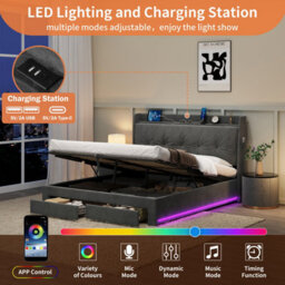 Abrihome 5Ft King Velvet Bed Frame With Hydraulic Storage & Led Headboard - Ottoman Bed With Drawers, Charging Station, Rgb Lighting, Grey - thumbnail 6