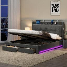 Abrihome 5Ft King Velvet Bed Frame With Hydraulic Storage & Led Headboard - Ottoman Bed With Drawers, Charging Station, Rgb Lighting, Grey - thumbnail 3