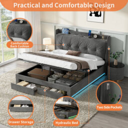 Abrihome 5Ft King Velvet Bed Frame With Hydraulic Storage & Led Headboard - Ottoman Bed With Drawers, Charging Station, Rgb Lighting, Grey - thumbnail 5