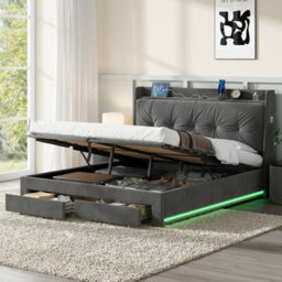 Abrihome 5Ft King Velvet Bed Frame With Hydraulic Storage & Led Headboard - Ottoman Bed With Drawers, Charging Station, Rgb Lighting, Grey - thumbnail 2