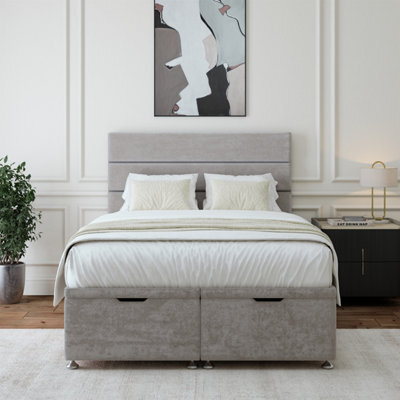 Bedmaster Seal Grey Luxury Velvet Ottoman Divan Base And Lined Headboard Single - image 1
