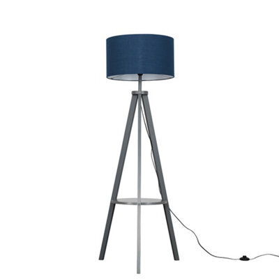 Valuelights Morrigan Grey Wood Shelf Tripod Floor Lamp With Navy Drum Shade - image 1