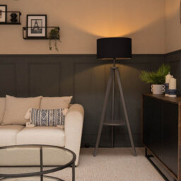 Valuelights Morrigan Grey Wood Shelf Tripod Floor Lamp With Navy Drum Shade - thumbnail 3