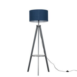 Valuelights Morrigan Grey Wood Shelf Tripod Floor Lamp With Navy Drum Shade