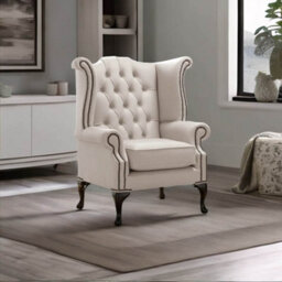 Chesterfield High Back Wing Chair Shelly Rice Milk Leather Bespoke In Queen Anne Style - thumbnail 2