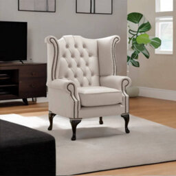 Chesterfield High Back Wing Chair Shelly Rice Milk Leather Bespoke In Queen Anne Style - thumbnail 3