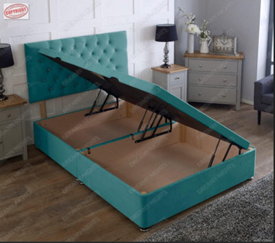 Comfy Deluxe 4Ft6 Side Lift Green Plush Velvet Ottoman Divan Base With Chesterfield Headboard