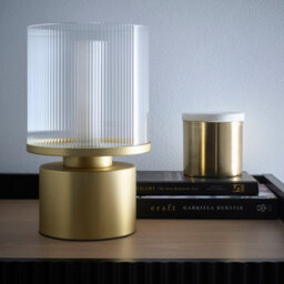 K Living Zoja Satin Gold Table Lamp With Ribbed Glass Shade