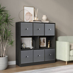 Urbn-Living Black, Light Grey - Asymmetrical 8 Cube Bookcase Unit W/ 6 Drawer Inserts - thumbnail 2