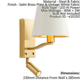Wall Light Satin Brass Plate & Vintage White Fabric 40W E14 & 3W Led - thumbnail 2