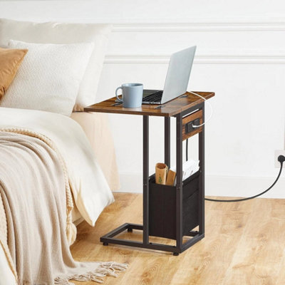 C Shaped Side Table With Charging Station Foldable Bedside Table With Fabric Bag - image 1