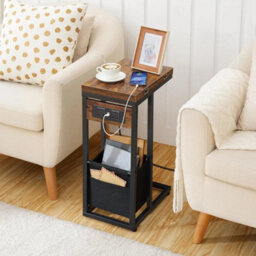 C Shaped Side Table With Charging Station Foldable Bedside Table With Fabric Bag - thumbnail 4