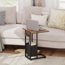 C Shaped Side Table With Charging Station Foldable Bedside Table With Fabric Bag - thumbnail 3