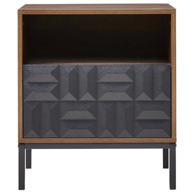 Wyld and Coco Heritagecraft Bedside Table, Dark Brown Mdf, Metal Legs, Geometric Drawer, Open Shelf - W50 X D40 X H60Cm - image 1