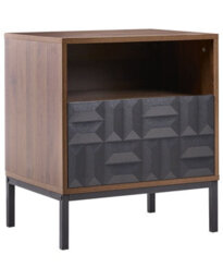 Wyld and Coco Heritagecraft Bedside Table, Dark Brown Mdf, Metal Legs, Geometric Drawer, Open Shelf - W50 X D40 X H60Cm - thumbnail 3