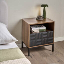 Wyld and Coco Heritagecraft Bedside Table, Dark Brown Mdf, Metal Legs, Geometric Drawer, Open Shelf - W50 X D40 X H60Cm - thumbnail 2