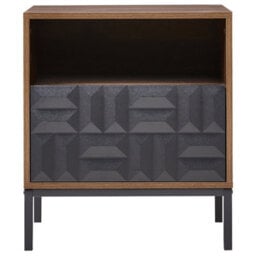 Wyld and Coco Heritagecraft Bedside Table, Dark Brown Mdf, Metal Legs, Geometric Drawer, Open Shelf - W50 X D40 X H60Cm - thumbnail 1