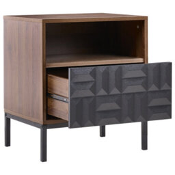Wyld and Coco Heritagecraft Bedside Table, Dark Brown Mdf, Metal Legs, Geometric Drawer, Open Shelf - W50 X D40 X H60Cm - thumbnail 5
