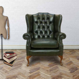 Chesterfield High Back Wing Chair Antique Green Real Leather Bespoke In Mallory Style - thumbnail 1