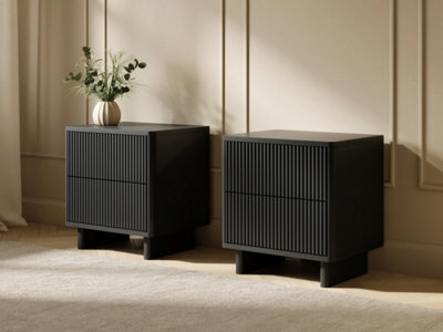 Solace+Co Velmor 2 Drawer Ribbed Bedside Tables, Set Of 2, Black - image 1