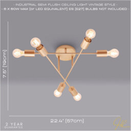 Happy Homewares Industrial Designer Styled Satin Gold Ceiling Light With Straight Metal Arms - thumbnail 6