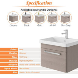 Plum&clay Emery Textured Grey Wall Hung Bathroom Vanity Unit & Basin Set With Chrome Handles (W)50Cm (H)46Cm - thumbnail 5