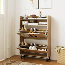 Costway Freestanding Shoe Organizer Shoe Cabinet W/2 Flip Drawers-Natural - thumbnail 2