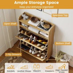 Costway Freestanding Shoe Organizer Shoe Cabinet W/2 Flip Drawers-Natural - thumbnail 4